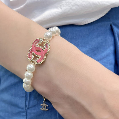 Pink Enamel Logo Pearl Bracelet