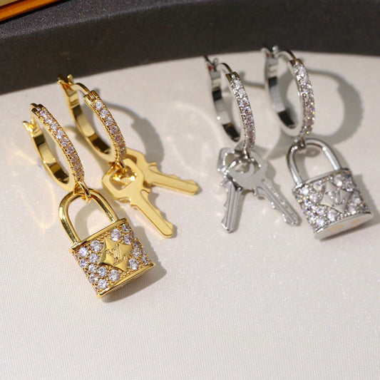 Sparkling Full Zircon Lock Key Earrings