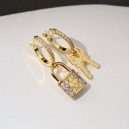 Sparkling Full Zircon Lock Key Earrings