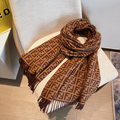 Retro Embossed F Cashmere Tassel Scarf