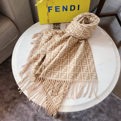 Retro Embossed F Cashmere Tassel Scarf