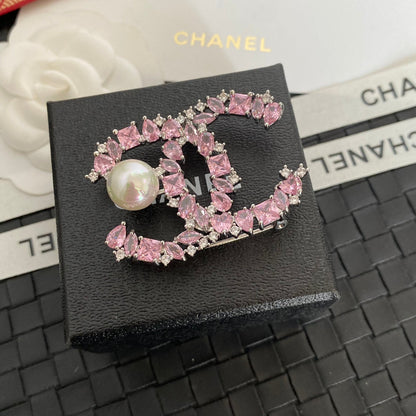 Sparkling Crystal Pearl Logo Brooch