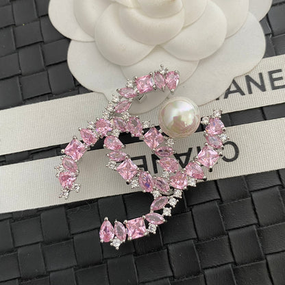 Sparkling Crystal Pearl Logo Brooch