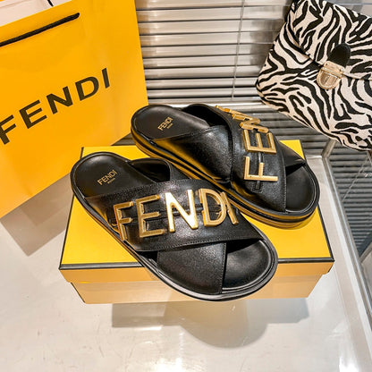 Metal Letters Leather Comfortable Slippers