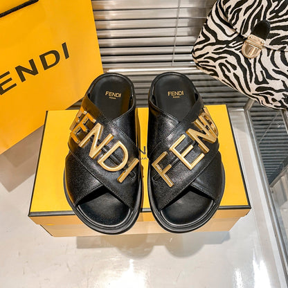 Metal Letters Leather Comfortable Slippers