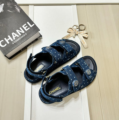 Denim Round Buckle Velcro Sandals