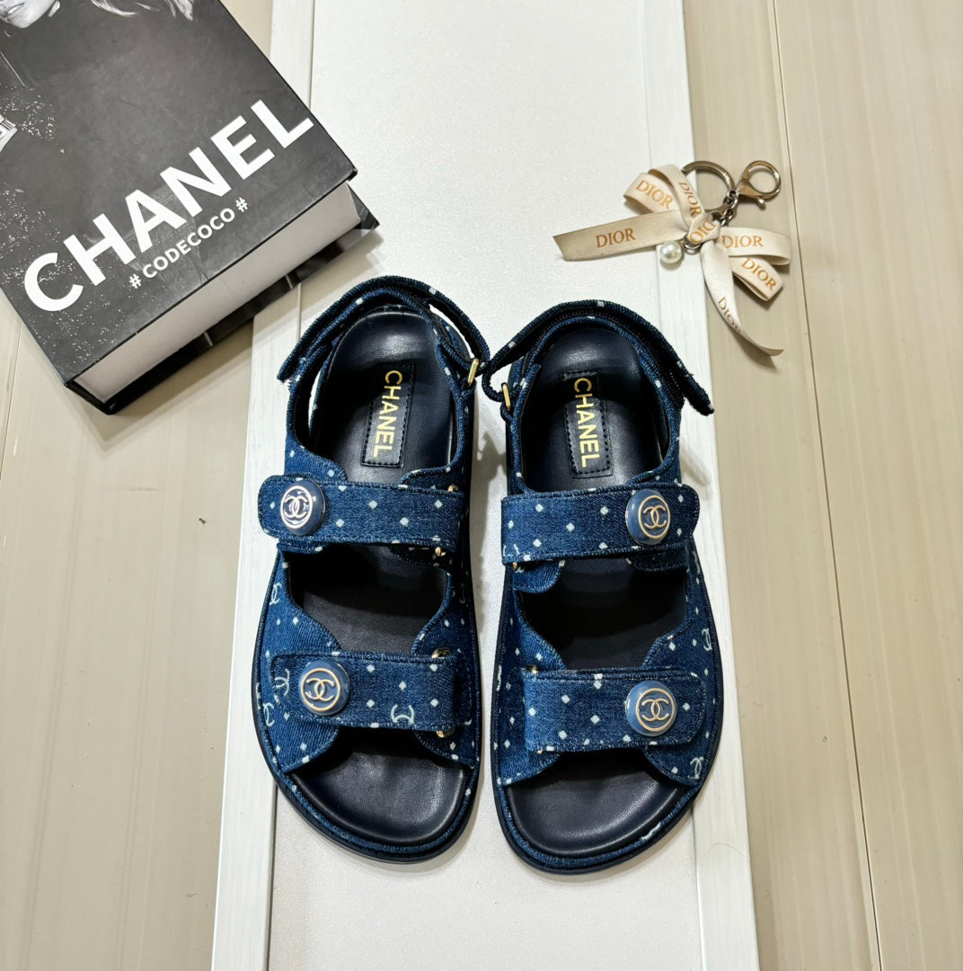 Denim Round Buckle Velcro Sandals