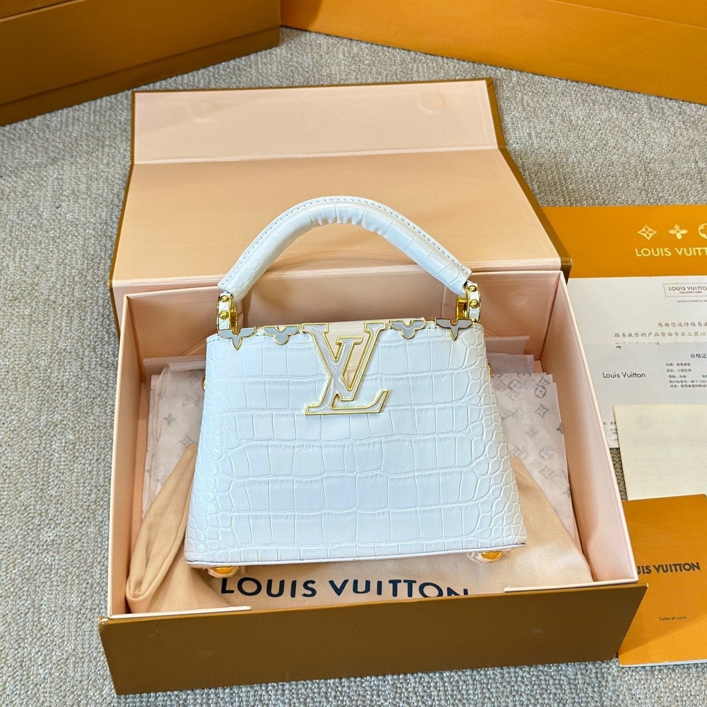 White Capucines Crocodile Pattern Leather Bag