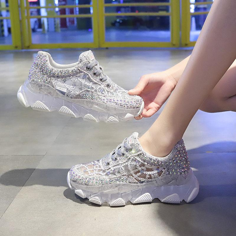 New breathable Rhinestone hollow sports shoes thick soled casual shoes