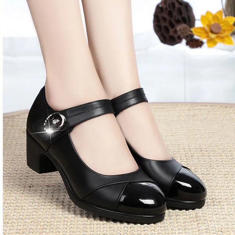 Women Casual Round Toe Buckle Strap Square Heel Shoes