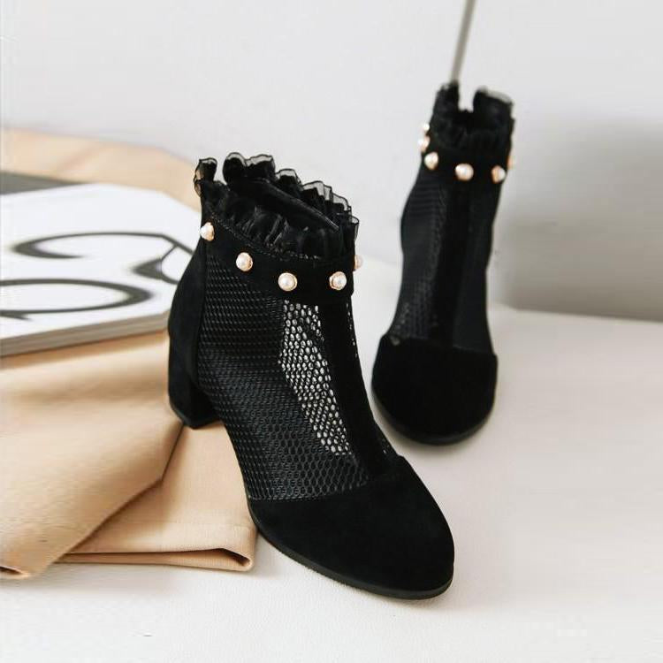 Autumn pearl lace mesh boots