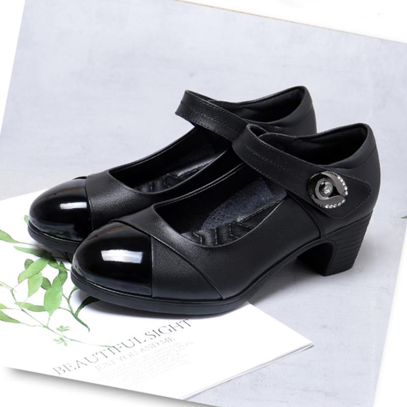 Women Casual Round Toe Buckle Strap Square Heel Shoes