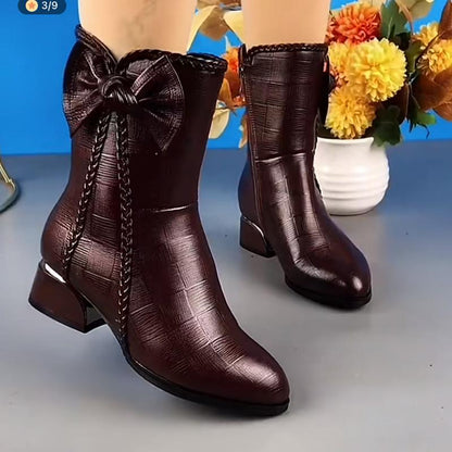 Autumn And Winter New Soft Leather Mid-tube Plus Velvet Boots