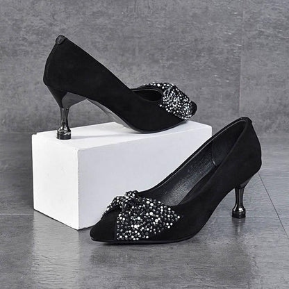 New shallow suede Rhinestone Butterfly women's high heels