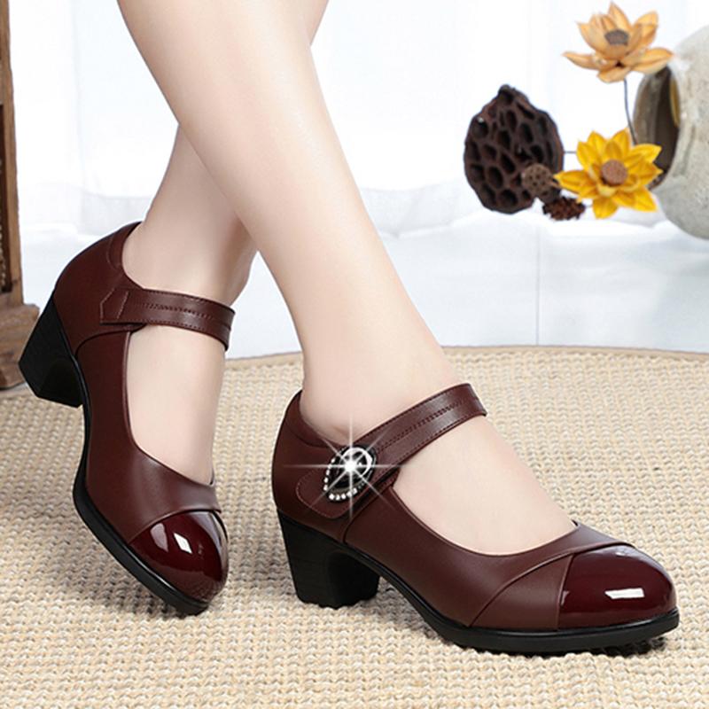 Women Casual Round Toe Buckle Strap Square Heel Shoes