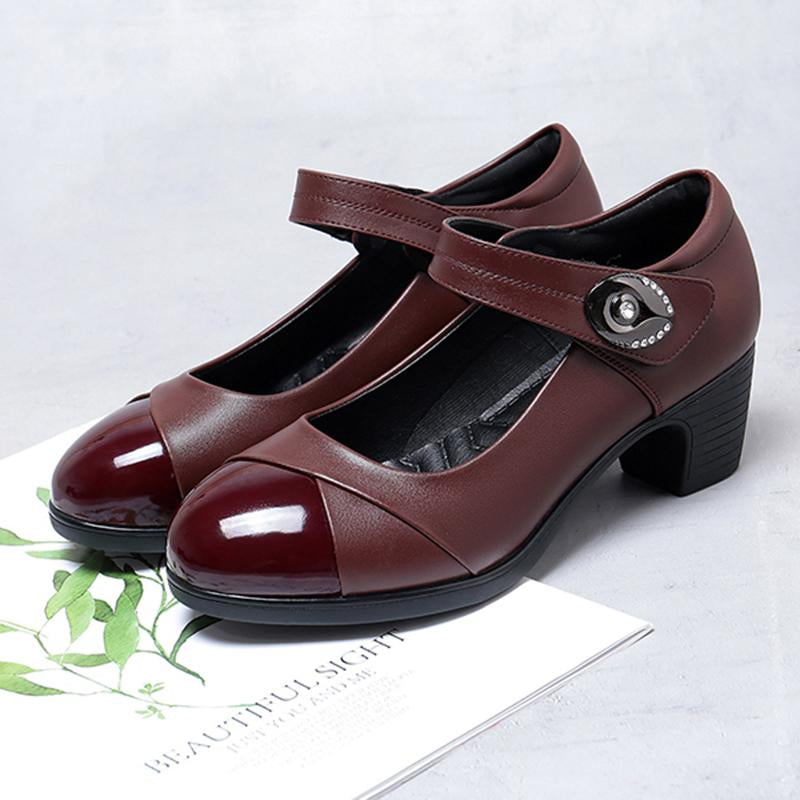 Women Casual Round Toe Buckle Strap Square Heel Shoes