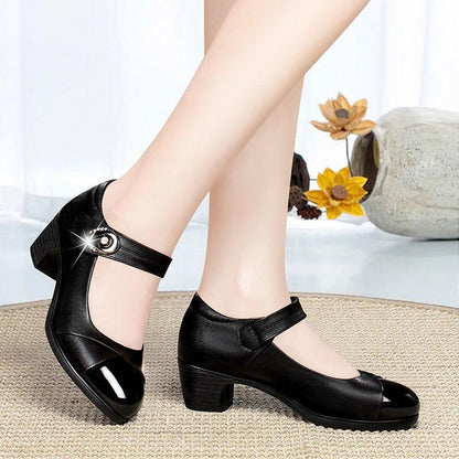 Women Casual Round Toe Buckle Strap Square Heel Shoes