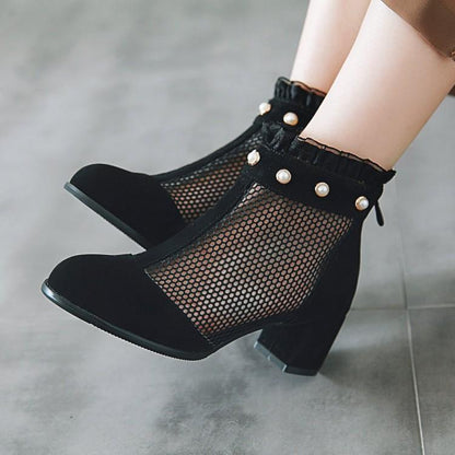 Autumn pearl lace mesh boots