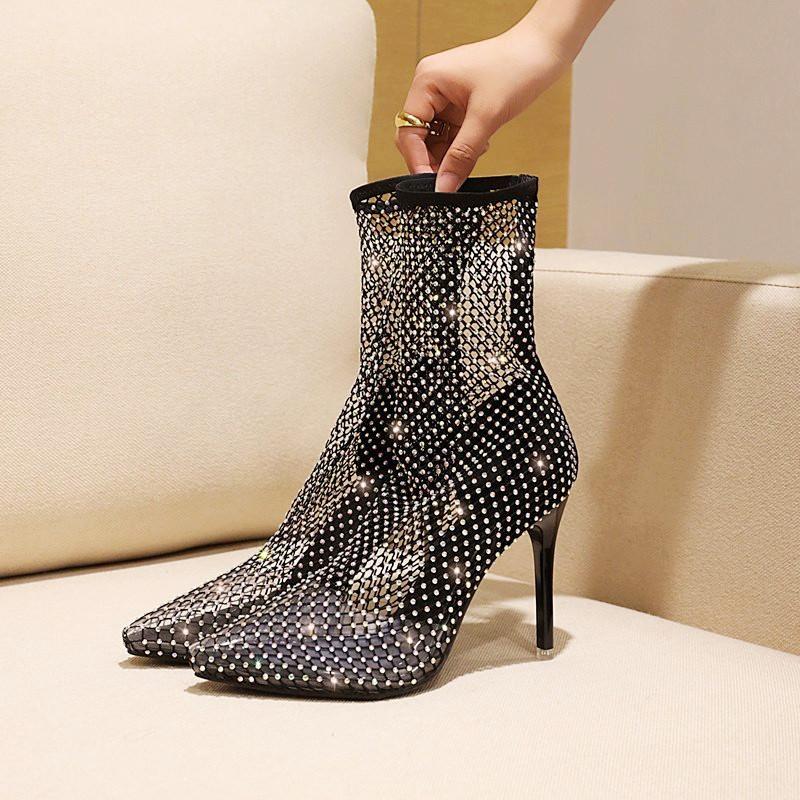 Rhinestone Long Net Boots