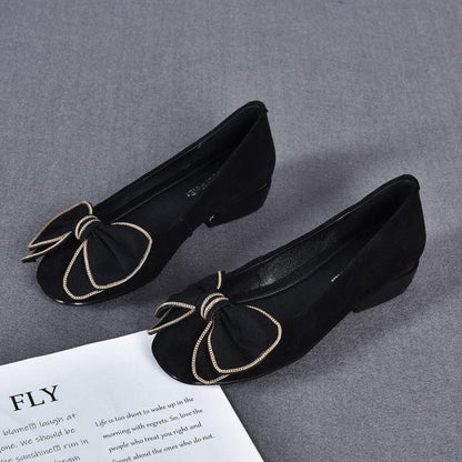 Soft Leather Chunky Heel Bow Casual Shoes