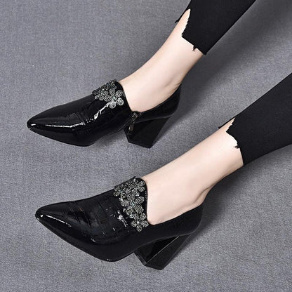 New flash diamond solid color work thick heel varnished cow leather single shoes (leather)