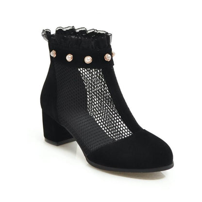 Autumn pearl lace mesh boots