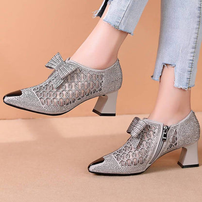 Rhinestone Hollow Chunky Heel Shoes