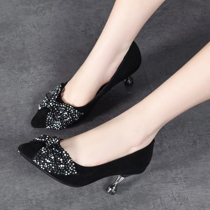 New shallow suede Rhinestone Butterfly women's high heels