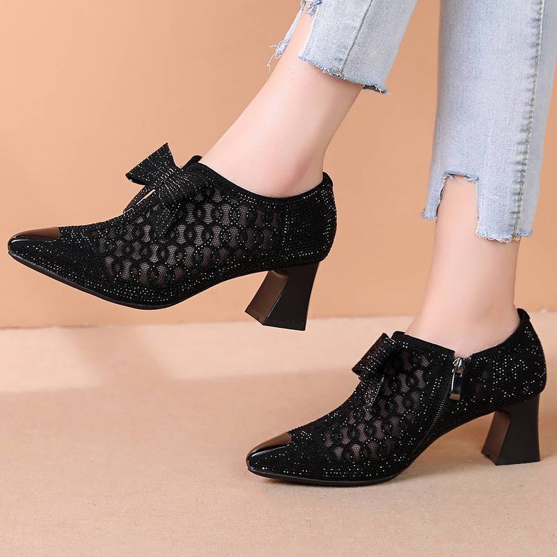 Rhinestone Hollow Chunky Heel Shoes