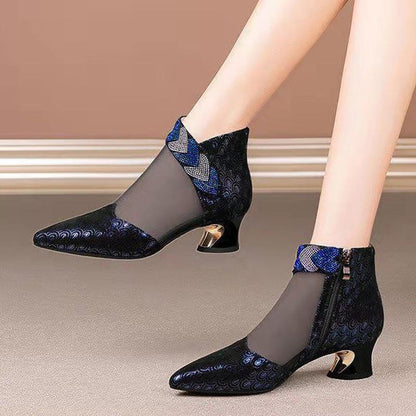 Rhinestone pointed toe shoes thick heel women's shoes