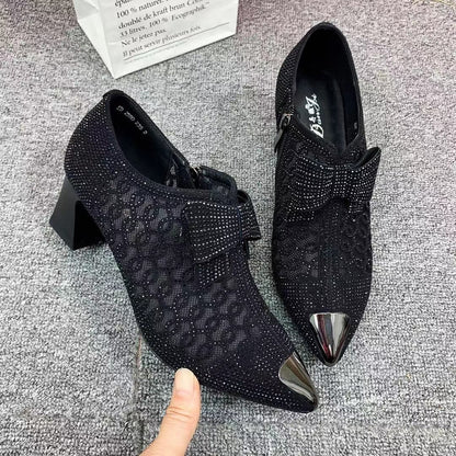 Rhinestone hollow chunky heel shoes