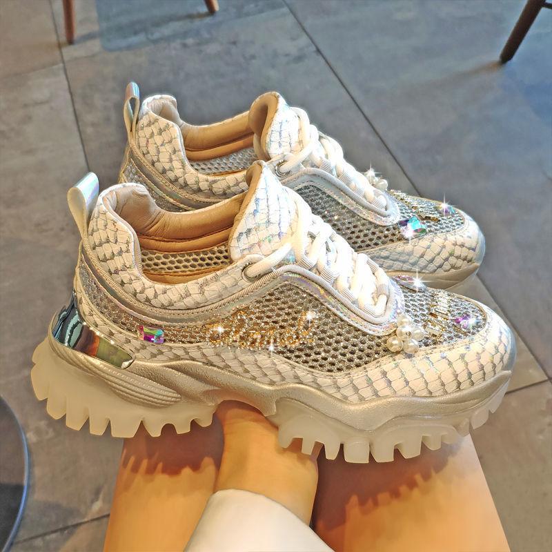 Rhinestone mesh breathable height-increasing sneakers