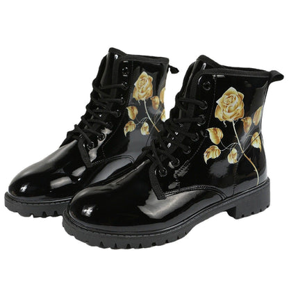 New round toe lace-up printed ankle boots