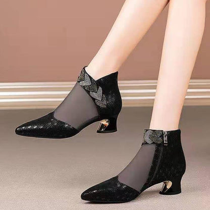 Rhinestone pointed toe shoes thick heel women's shoes