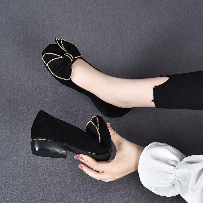 Soft Leather Chunky Heel Bow Casual Shoes