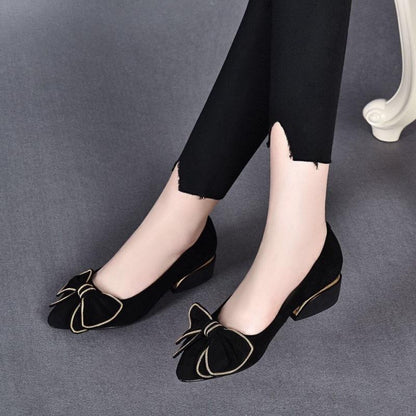 Soft Leather Chunky Heel Bow Casual Shoes