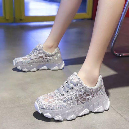 Mesh lace and rhinestone sneakers