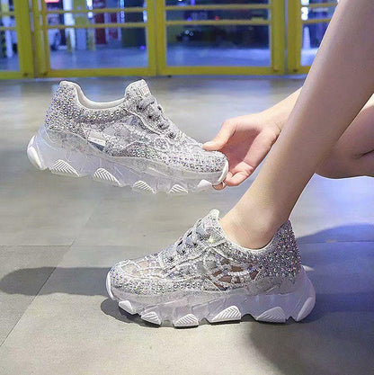 Mesh lace and rhinestone sneakers