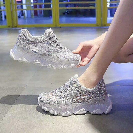 Mesh lace and rhinestone sneakers