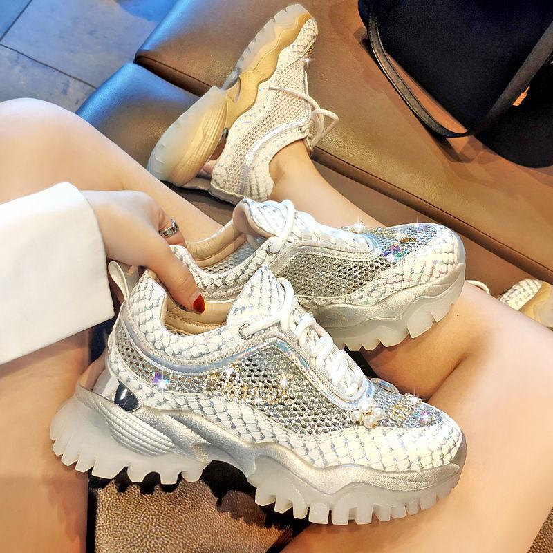 Rhinestone mesh breathable height-increasing sneakers