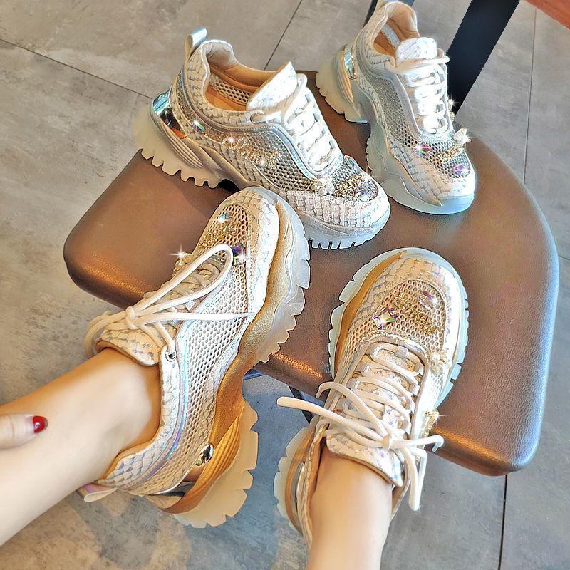 Rhinestone mesh breathable height-increasing sneakers