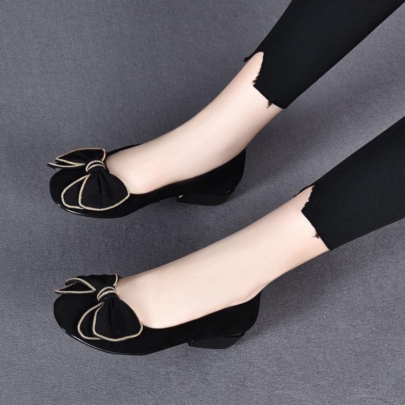 Soft Leather Chunky Heel Bow Casual Shoes