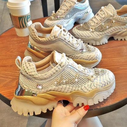 Rhinestone mesh breathable height-increasing sneakers