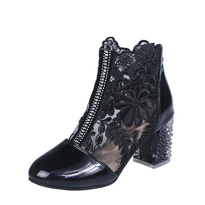 Large size hollow lace women's shoes embroidered thick heel  boots