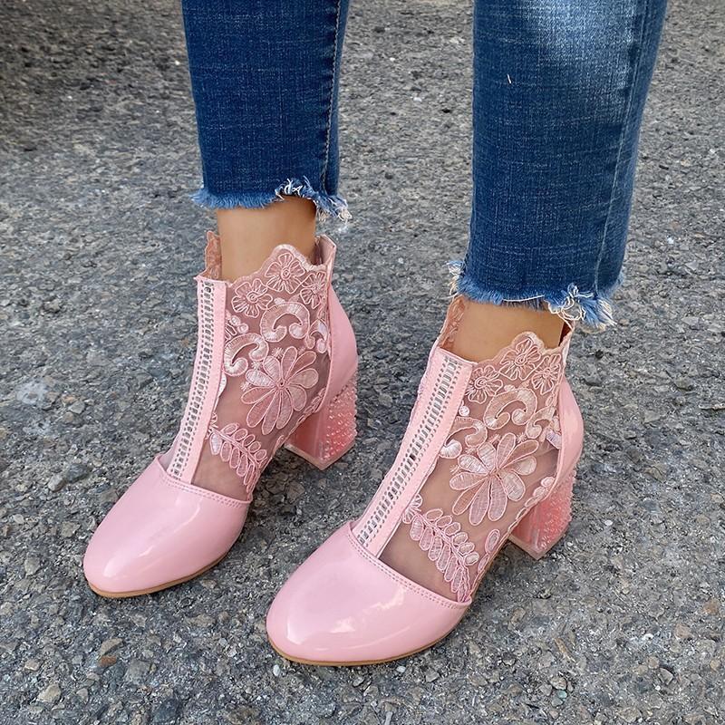 Large size hollow lace women's shoes embroidered thick heel  boots