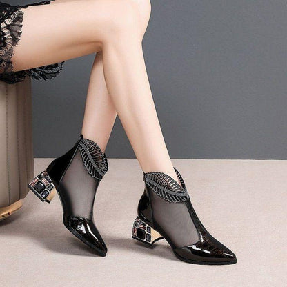 New medium thick heel hollow mesh Rhinestone shoes