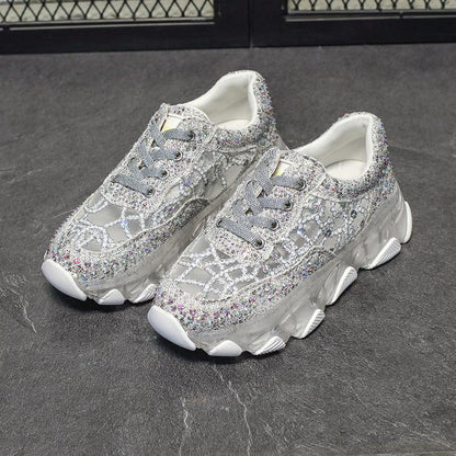 Mesh lace and rhinestone sneakers