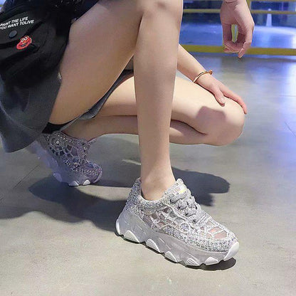 Mesh lace and rhinestone sneakers