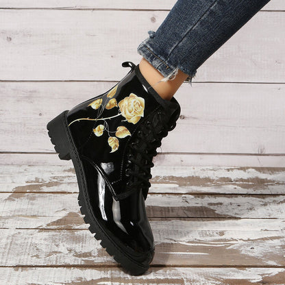 New round toe lace-up printed ankle boots