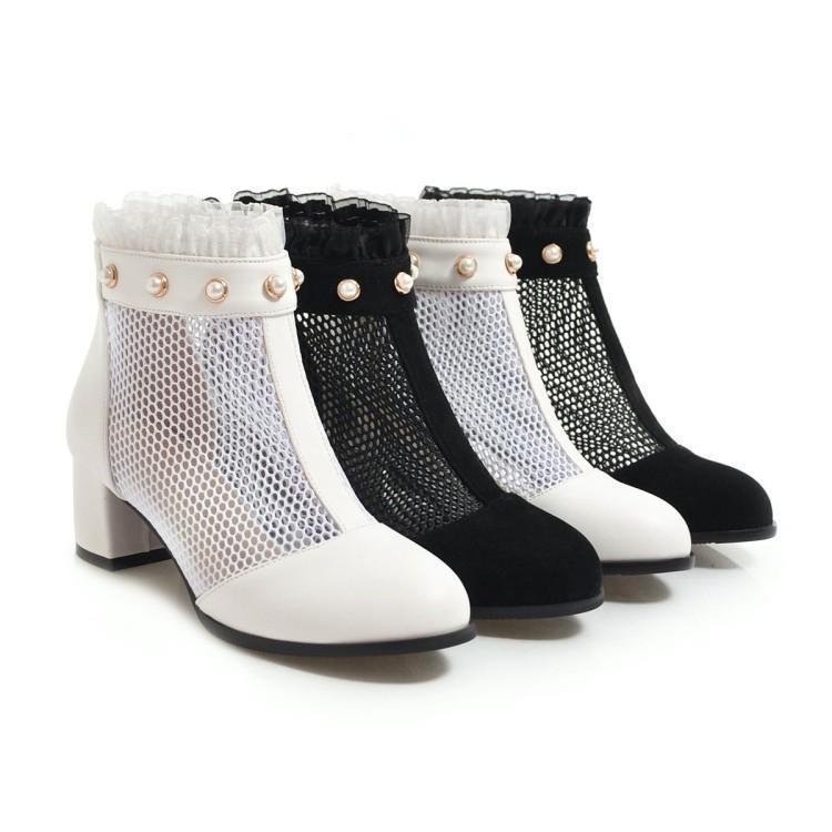 Autumn pearl lace mesh boots